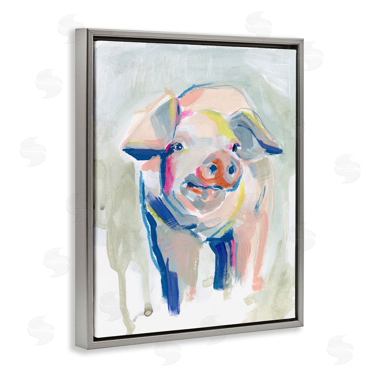 Colorful Pig Farm Animal Painting Grey Floating Frame Canvas Wall Art, Home Decor by Jennifer Paxton Parker