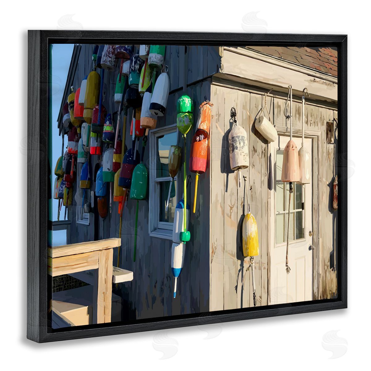 Island Hut Beach Buoy Black Floating Frame Canvas Wall Art, Home Decor by Emily Kalina