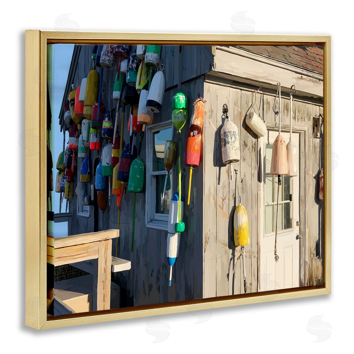 Island Hut Beach Buoy Gold Floating Frame Canvas Wall Art, Home Decor by Emily Kalina