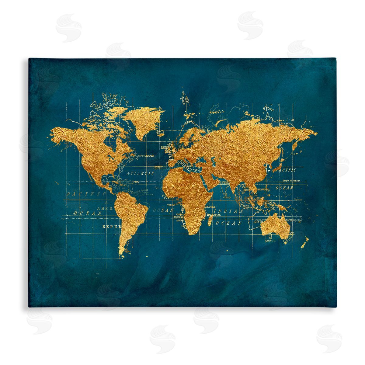 World Map Gold Blue Canvas Wall Art, Home Decor by Beth Albert