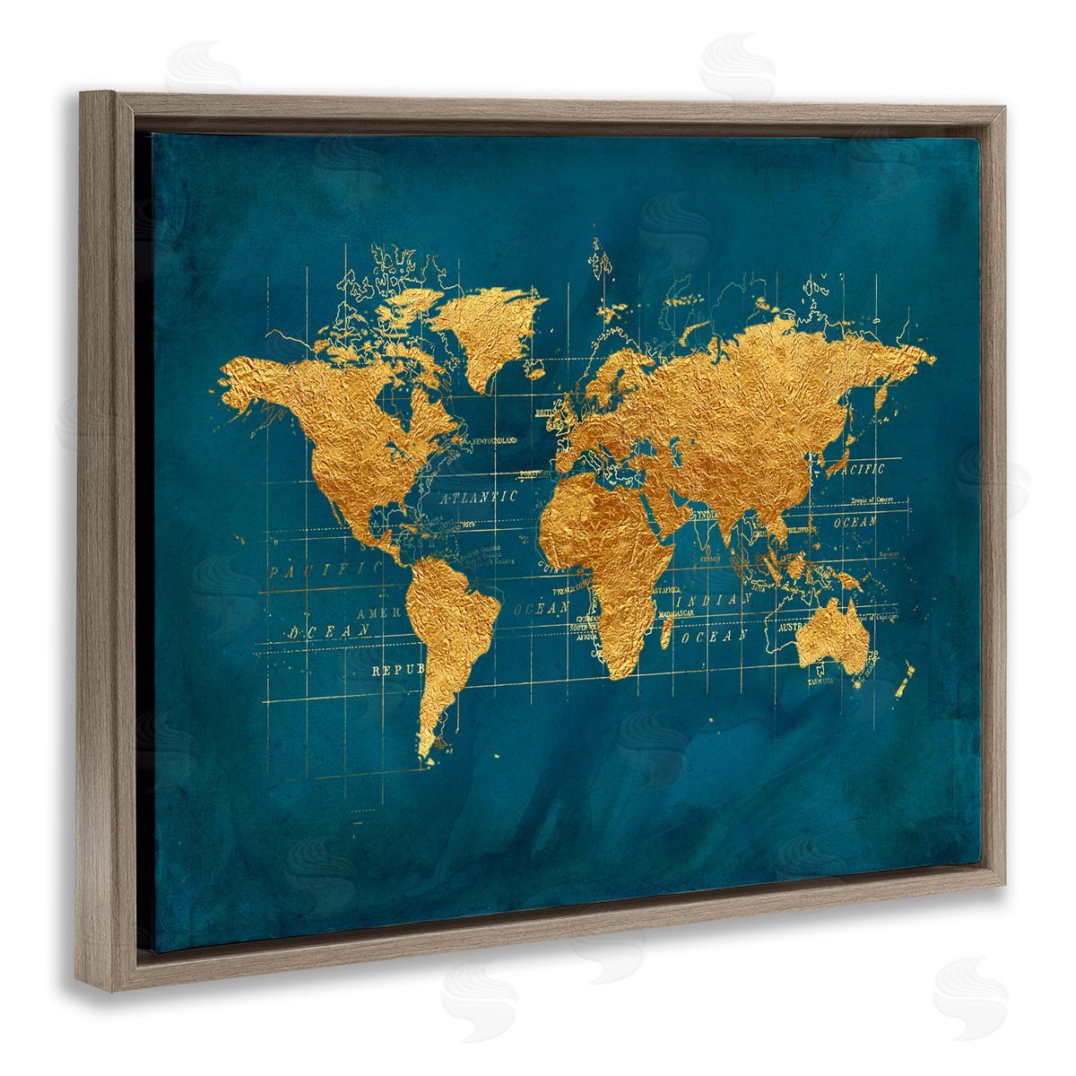 World Map Gold Blue Brown Floating Frame Canvas Wall Art, Home Decor by Beth Albert