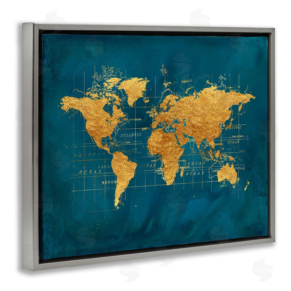 World Map Gold Blue Grey Floating Frame Canvas Wall Art, Home Decor by Beth Albert