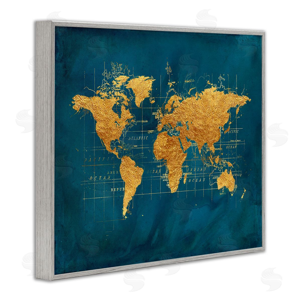 World Map Gold Blue Grey Frame Print Wall Art, Home Decor by Beth Albert