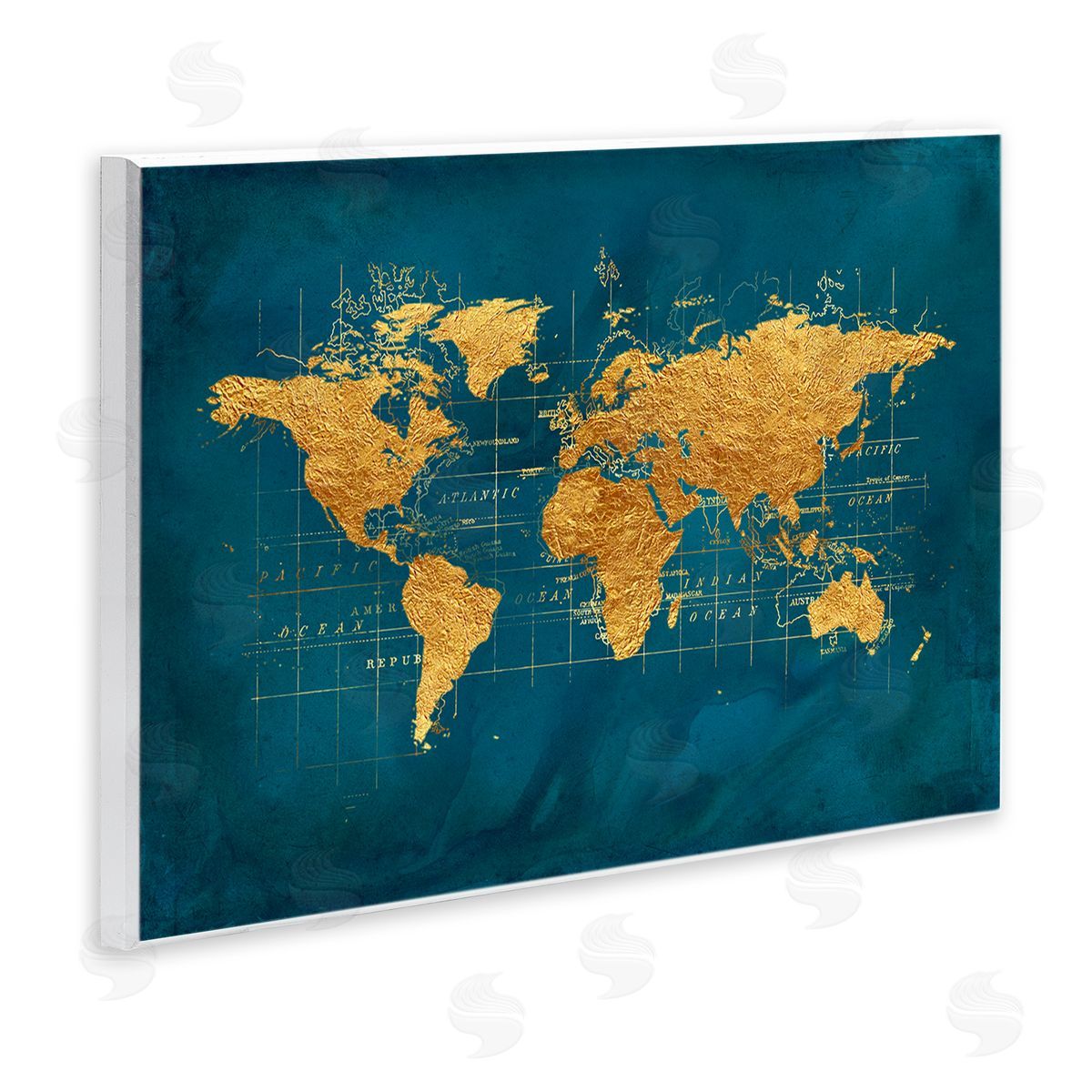 World Map Gold Blue Wood Plaque Wall Art, Home Decor by Beth Albert
