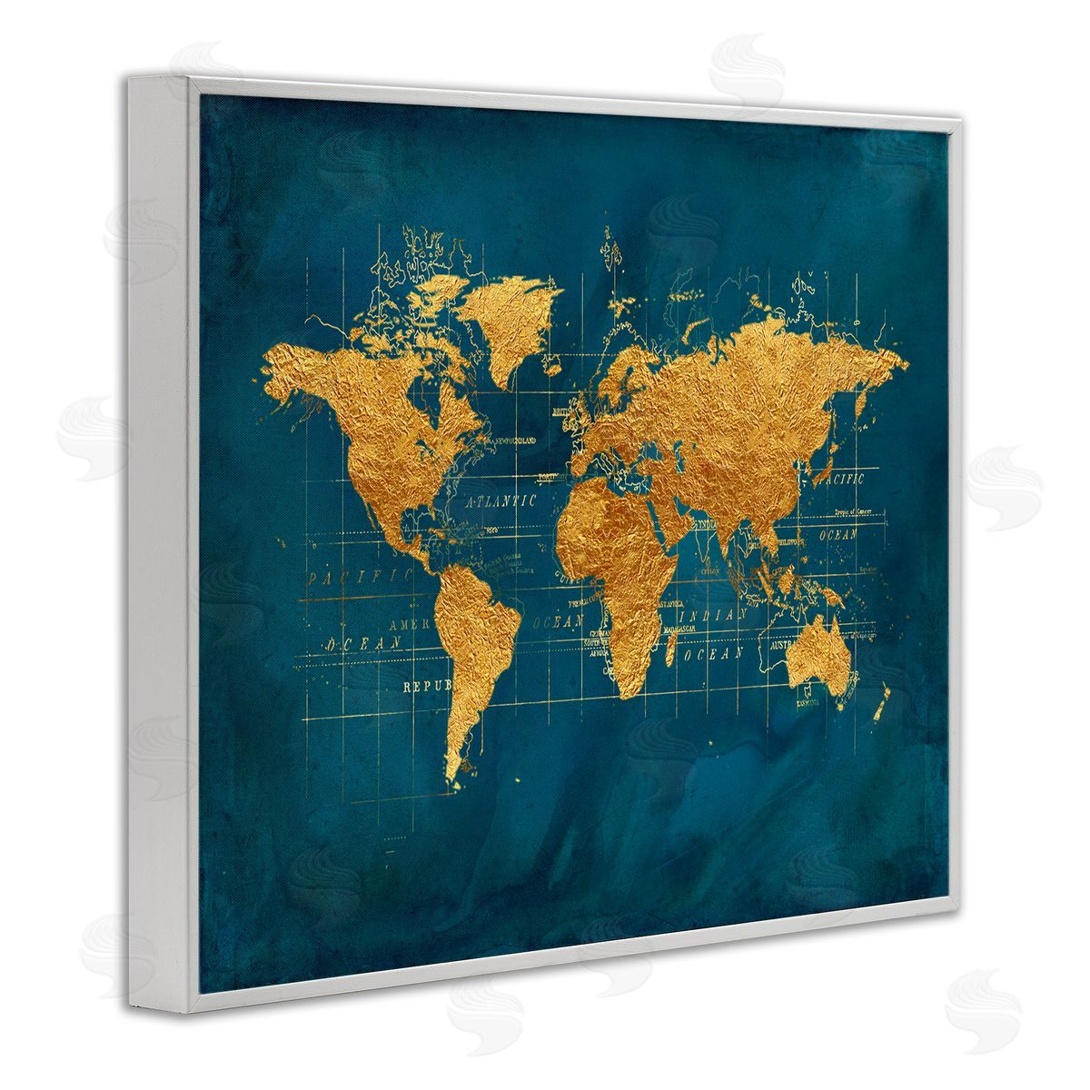 World Map Gold Blue White Frame Print Wall Art, Home Decor by Beth Albert