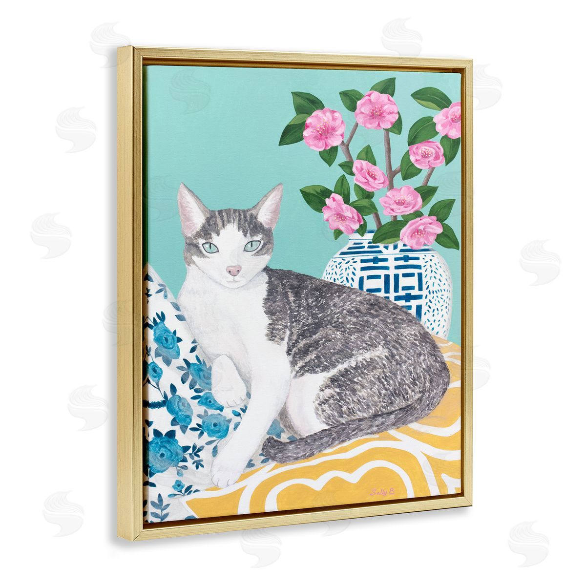 Cat With Cushion And Vase Gold Floating Frame Canvas Wall Art, Home Decor by Sally B