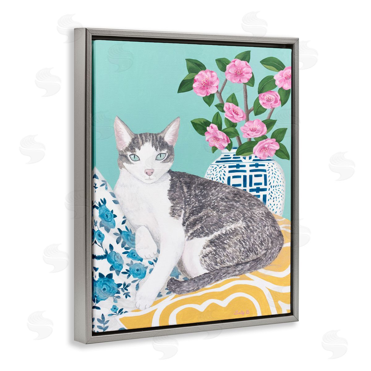 Cat With Cushion And Vase Grey Floating Frame Canvas Wall Art, Home Decor by Sally B