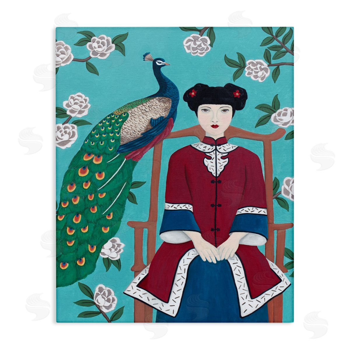 Woman & Peacock Flower Pattern Canvas Wall Art, Home Decor by Sally B
