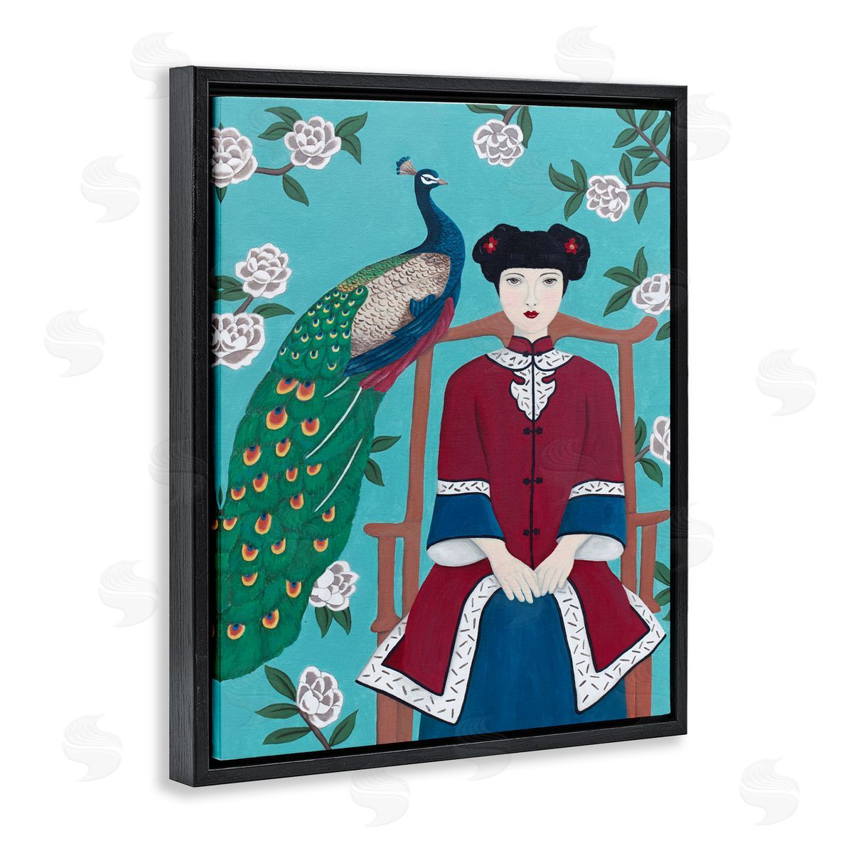 Woman & Peacock Flower Pattern Black Floating Frame Canvas Wall Art, Home Decor by Sally B
