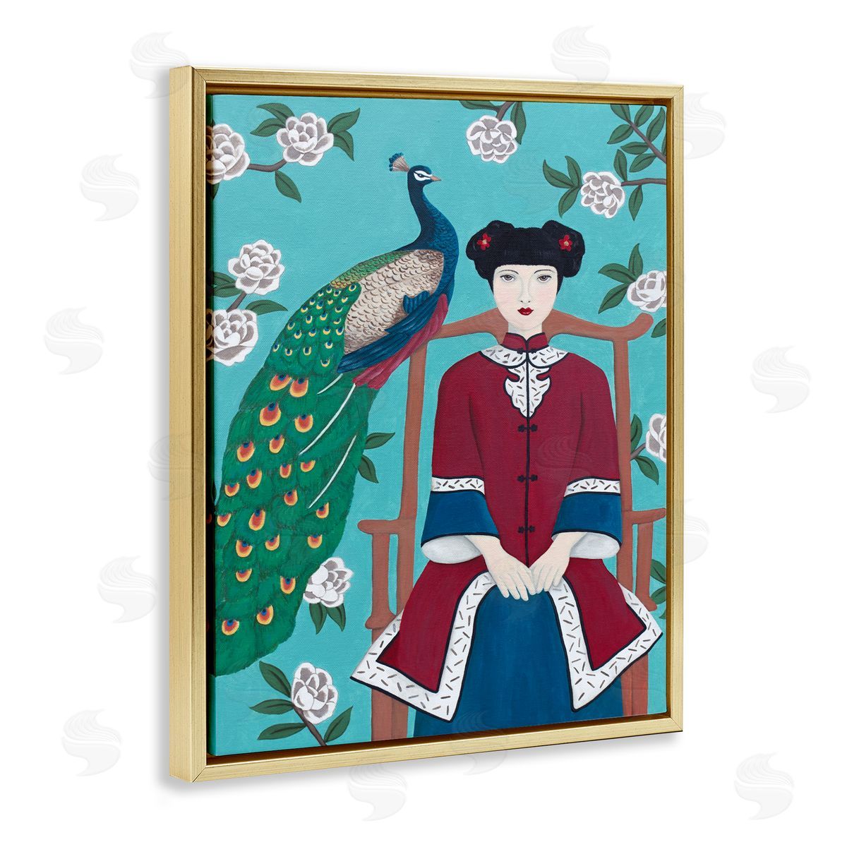 Woman & Peacock Flower Pattern Gold Floating Frame Canvas Wall Art, Home Decor by Sally B
