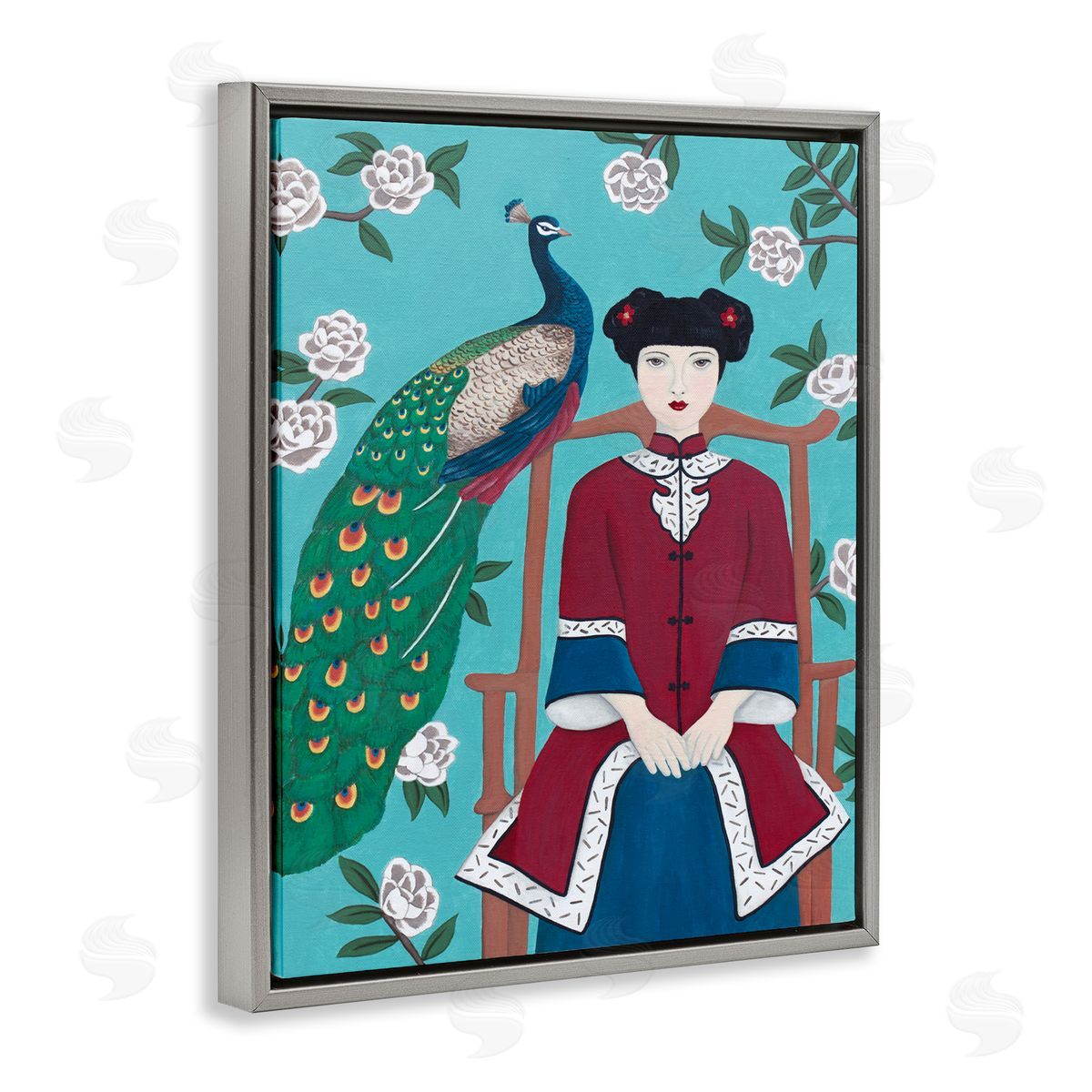 Woman & Peacock Flower Pattern Grey Floating Frame Canvas Wall Art, Home Decor by Sally B