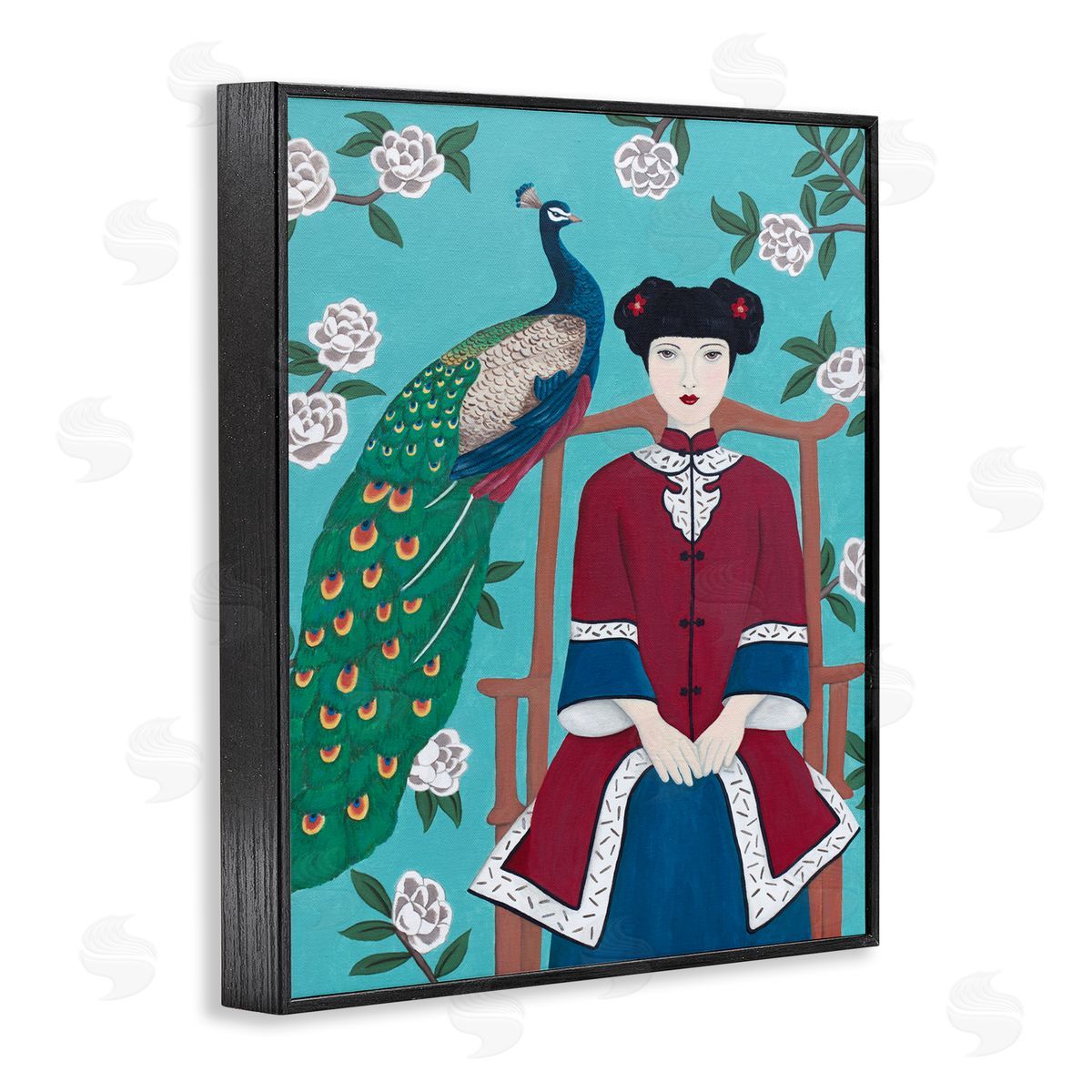 Woman & Peacock Flower Pattern Black Frame Print Wall Art, Home Decor by Sally B