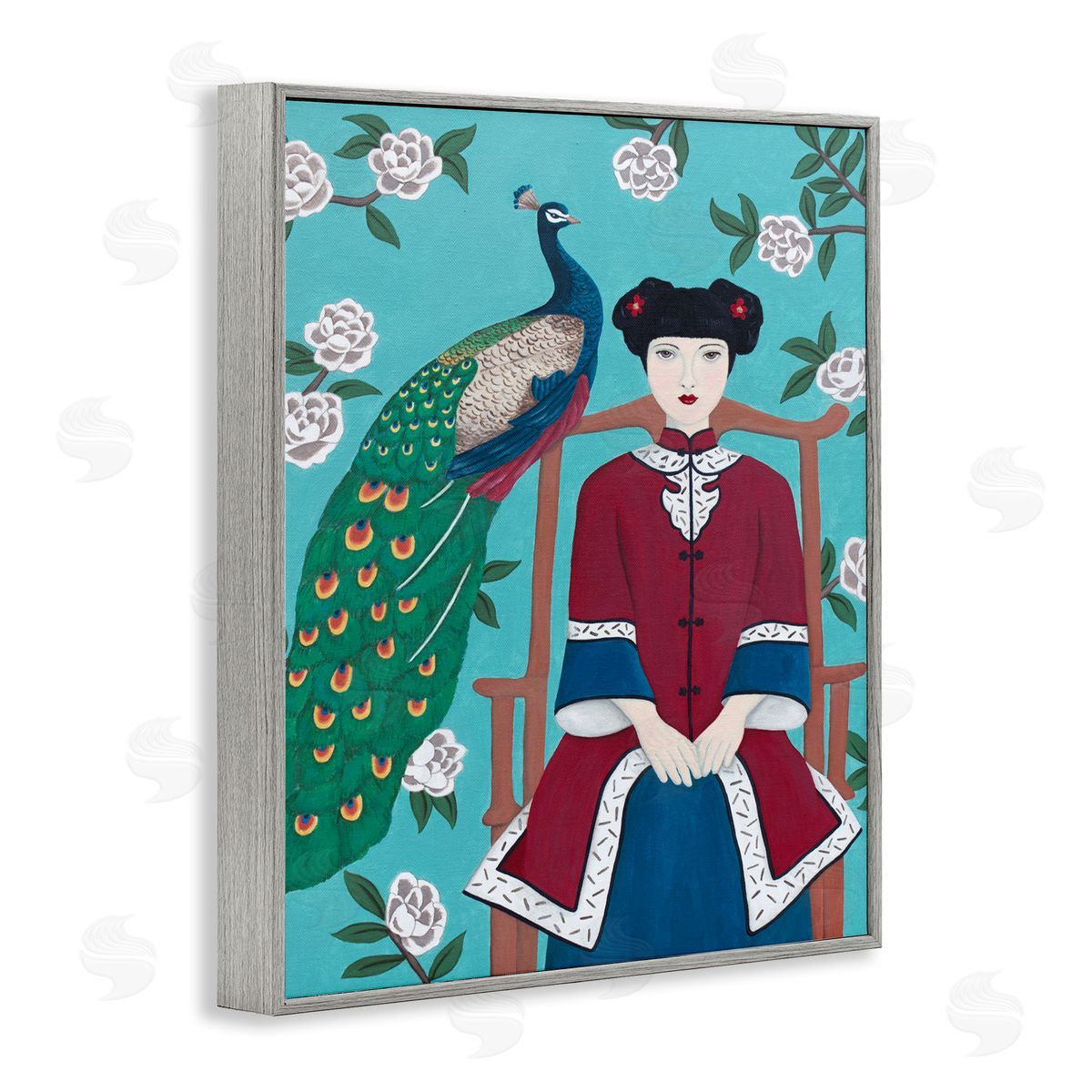 Woman & Peacock Flower Pattern Grey Frame Print Wall Art, Home Decor by Sally B