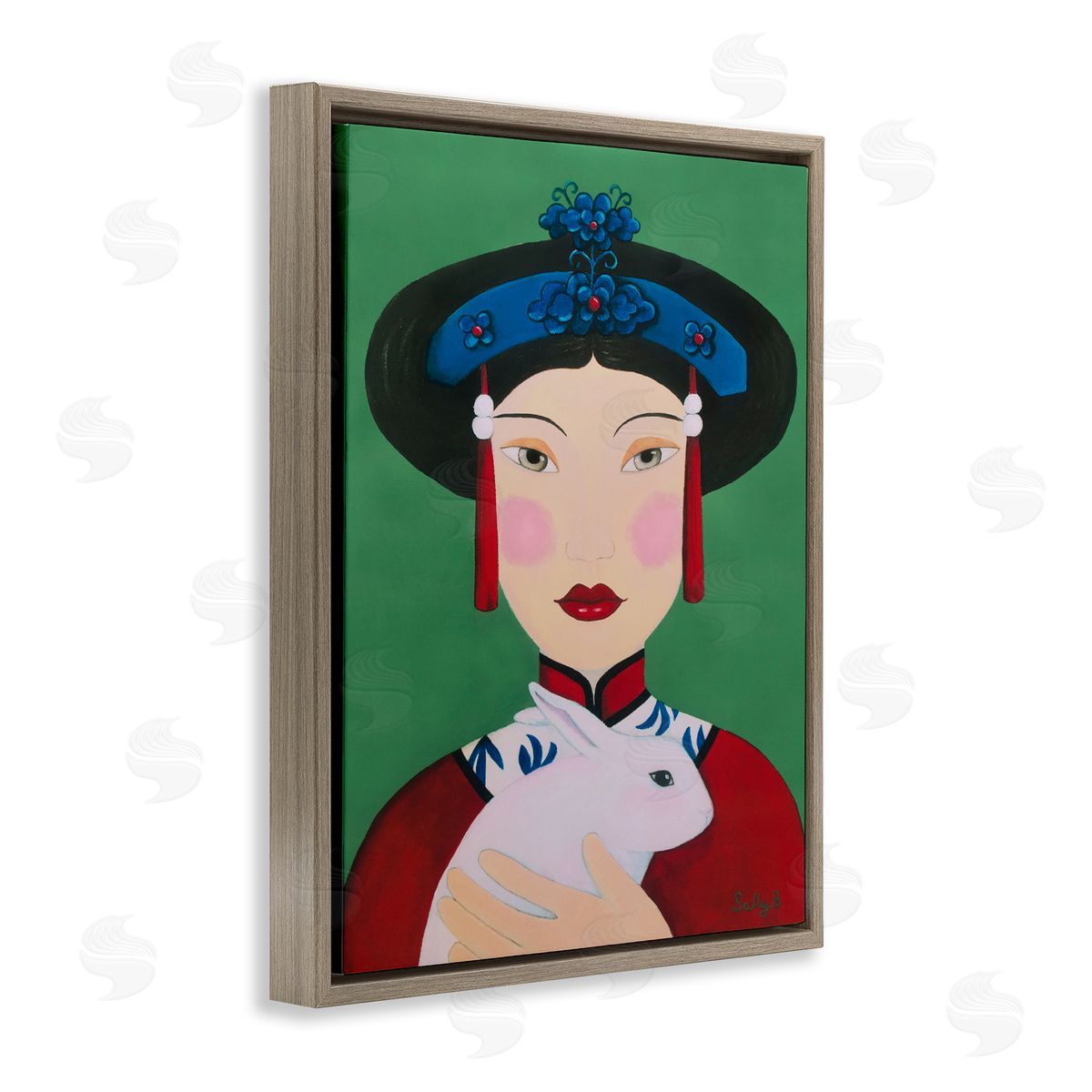 Woman And Rabbit Painting Brown Floating Frame Canvas Wall Art, Home Decor by Sally B
