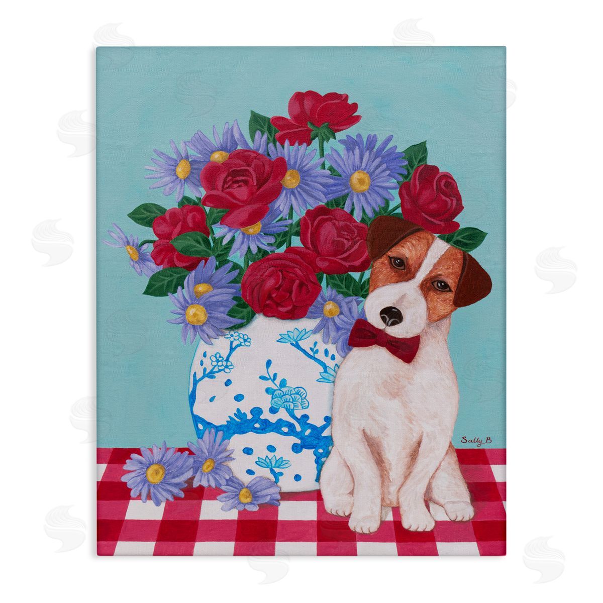 Flower Vase With Dog Painting Canvas Wall Art, Home Decor by Sally B