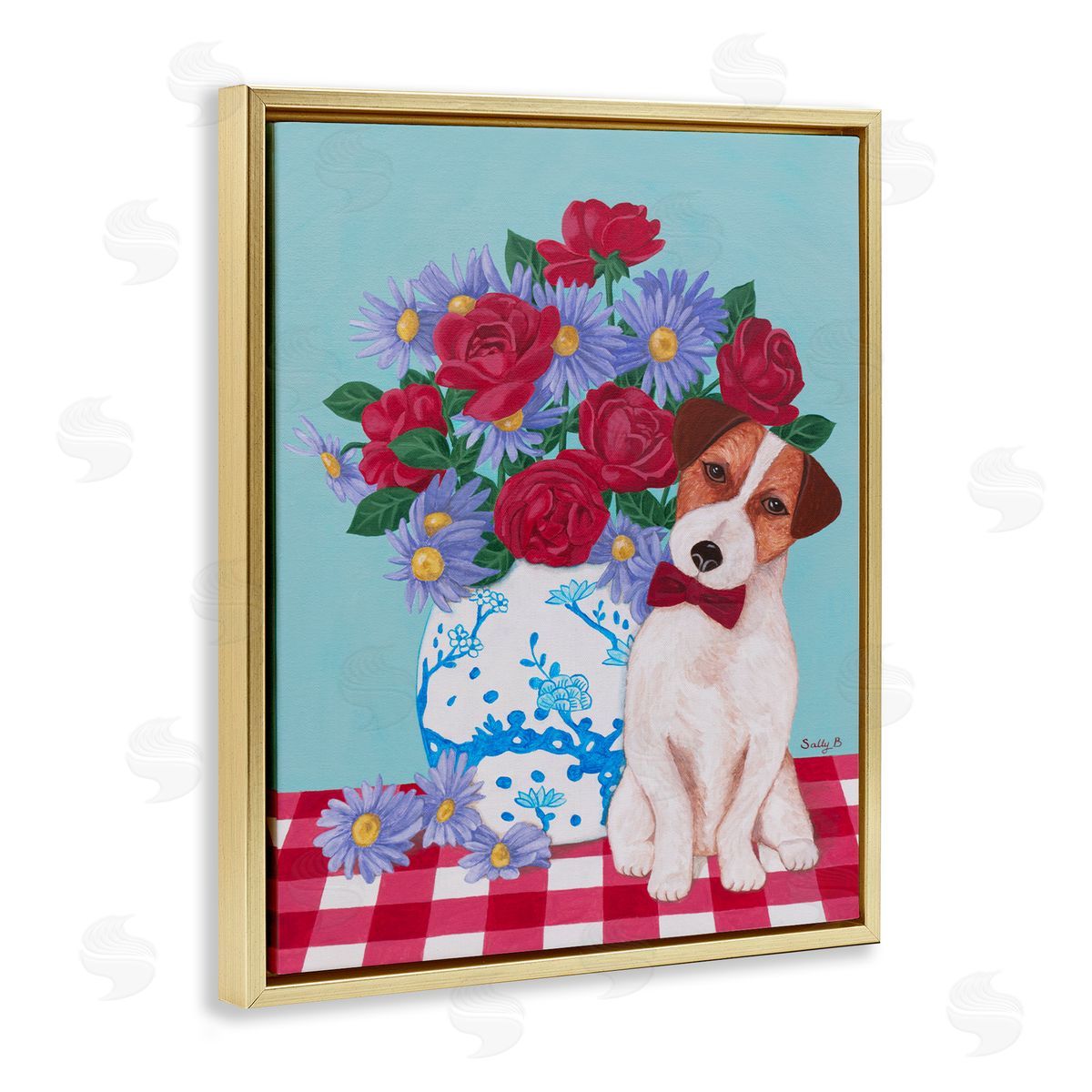 Flower Vase With Dog Painting Gold Floating Frame Canvas Wall Art, Home Decor by Sally B