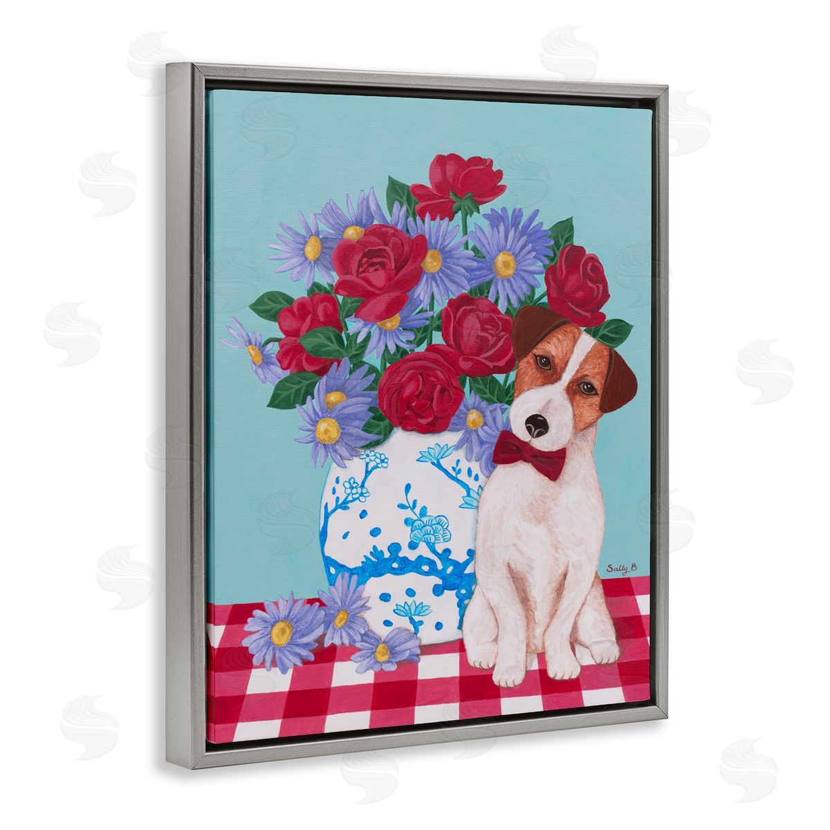Flower Vase With Dog Painting Grey Floating Frame Canvas Wall Art, Home Decor by Sally B