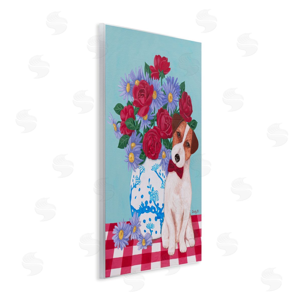 Flower Vase With Dog Painting Wood Plaque Wall Art, Home Decor by Sally B