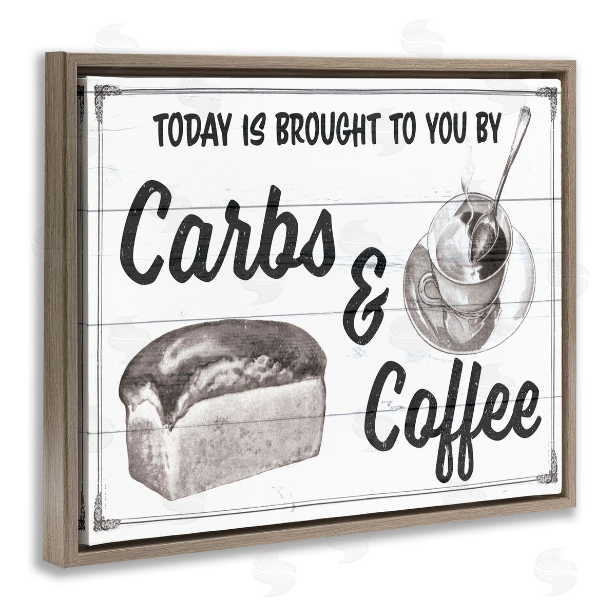 Carbs & Coffee Kitchen Humor Rustic Brown Floating Frame Canvas Wall Art, Home Decor by The Saturday Evening Post