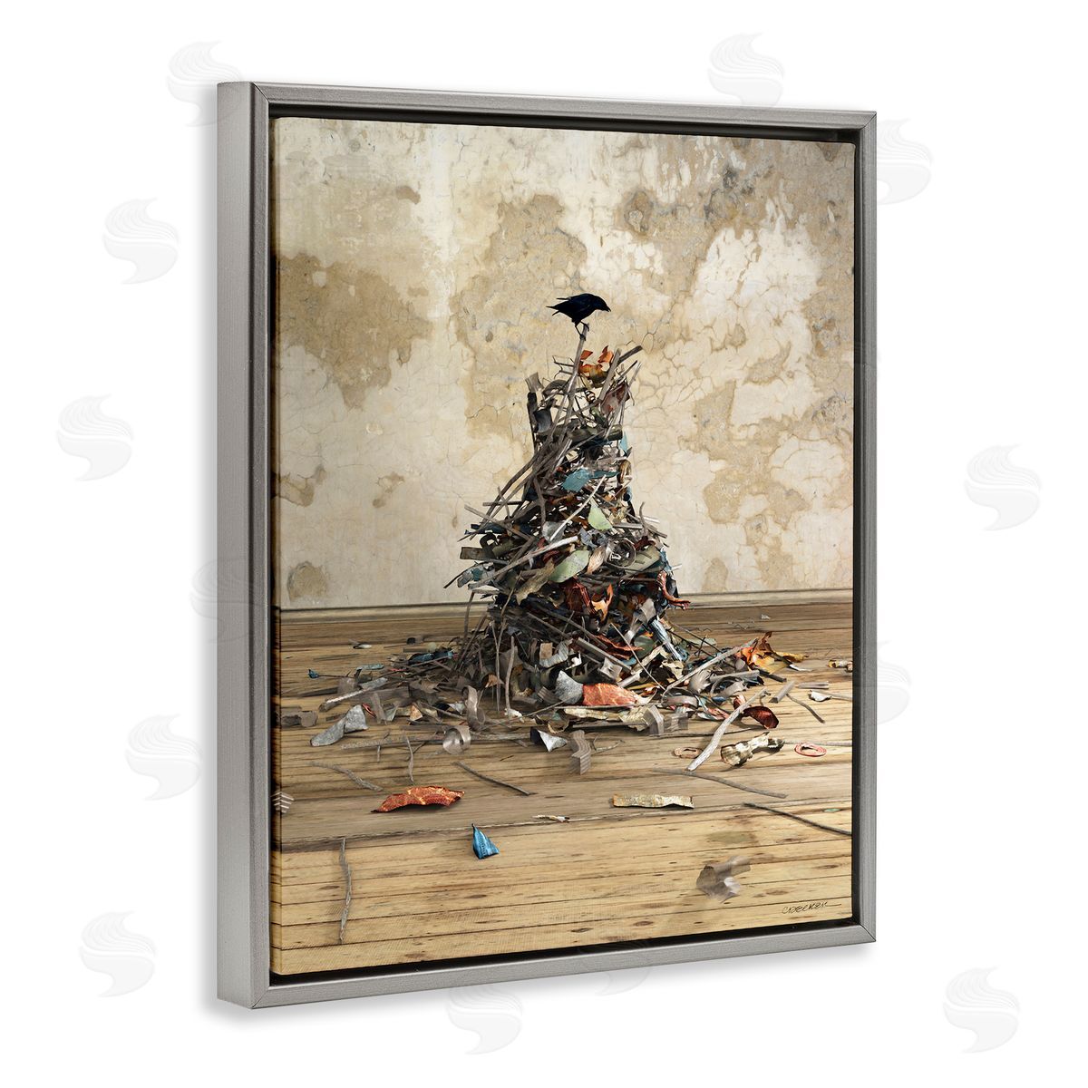 Crow Collection Bird Grey Floating Frame Canvas Wall Art, Home Decor by Cynthia Decker