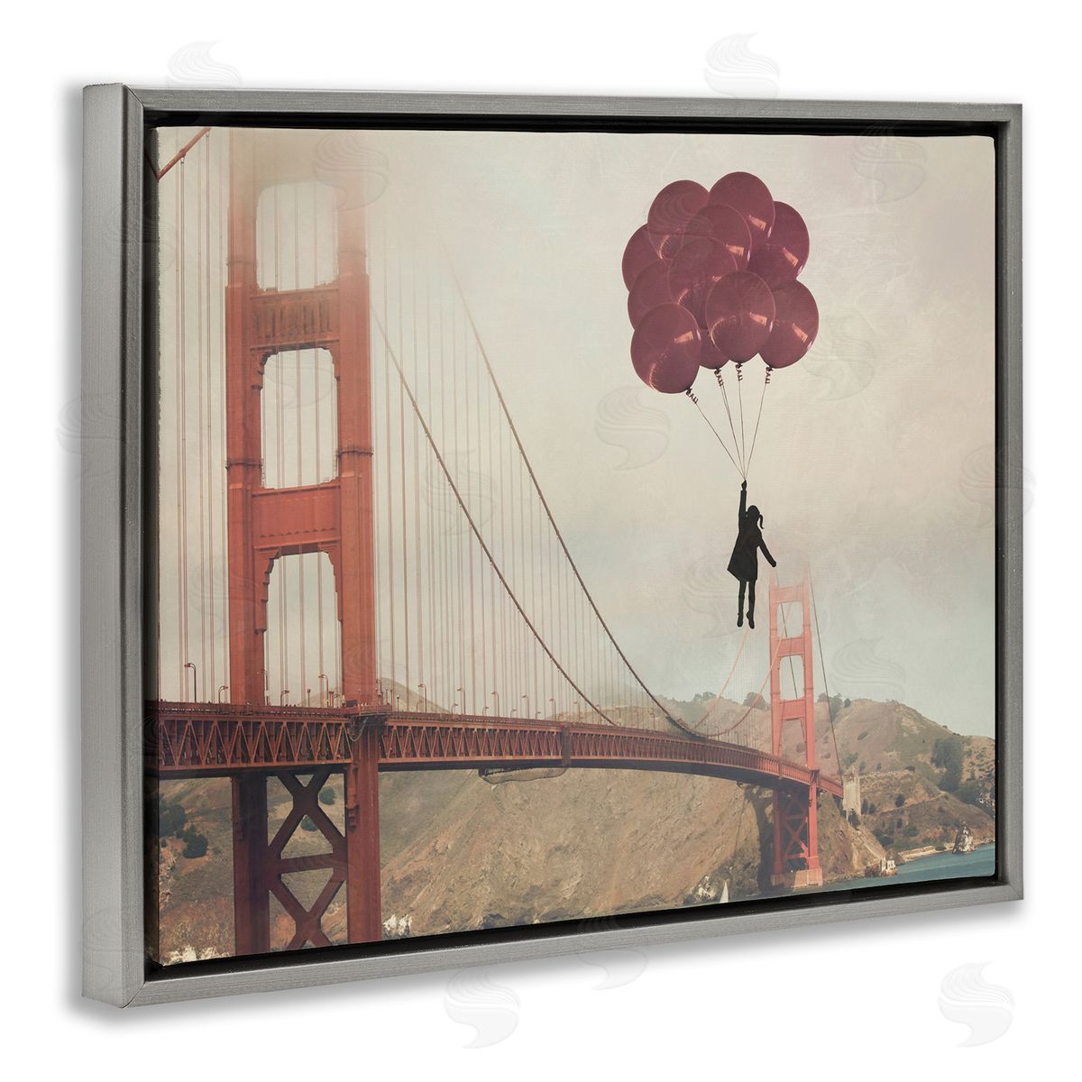 Bridge and Girl with Balloons Grey Floating Frame Canvas Wall Art, Home Decor by Ashley Davis