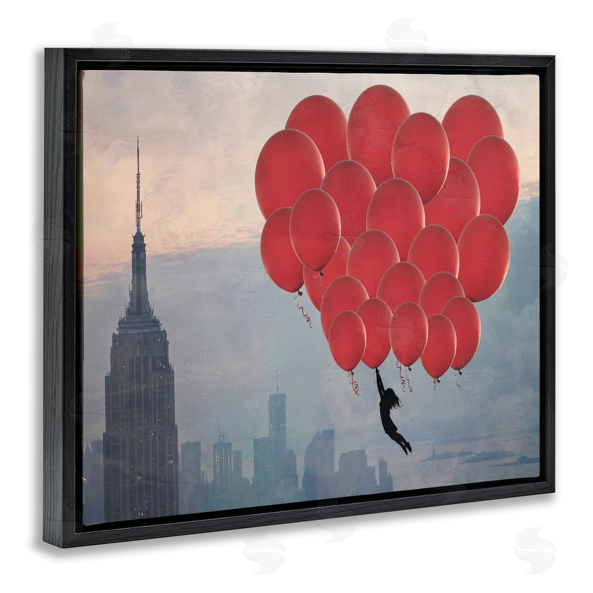 Cityscape and Girl with Balloons Black Floating Frame Canvas Wall Art, Home Decor by Ashley Davis
