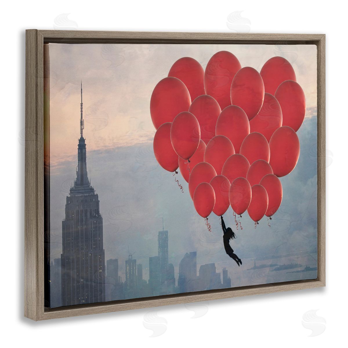 Cityscape and Girl with Balloons Brown Floating Frame Canvas Wall Art, Home Decor by Ashley Davis