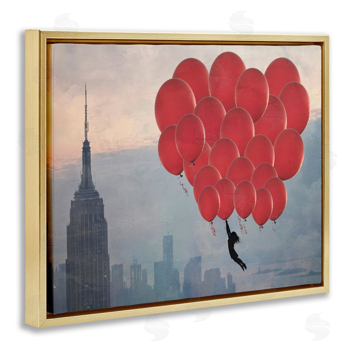 Cityscape and Girl with Balloons Gold Floating Frame Canvas Wall Art, Home Decor by Ashley Davis