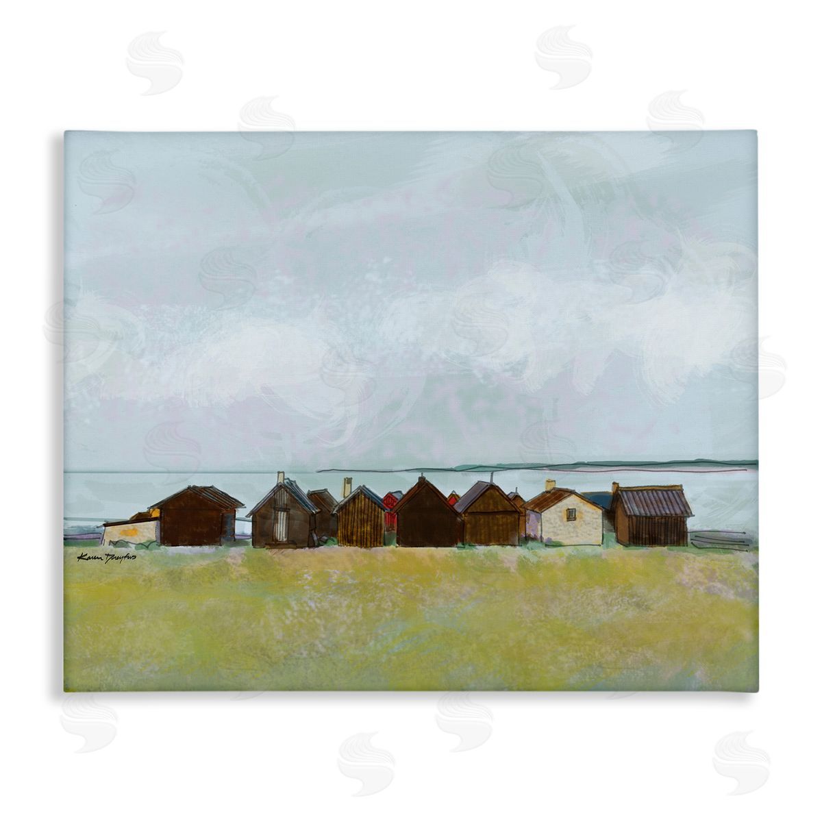 Lakeside Town Landscape Drawing Canvas Wall Art, Home Decor by Karen Dreyfus