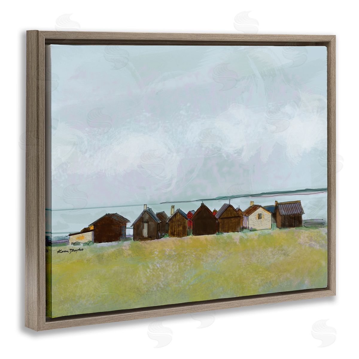 Lakeside Town Landscape Drawing Brown Floating Frame Canvas Wall Art, Home Decor by Karen Dreyfus
