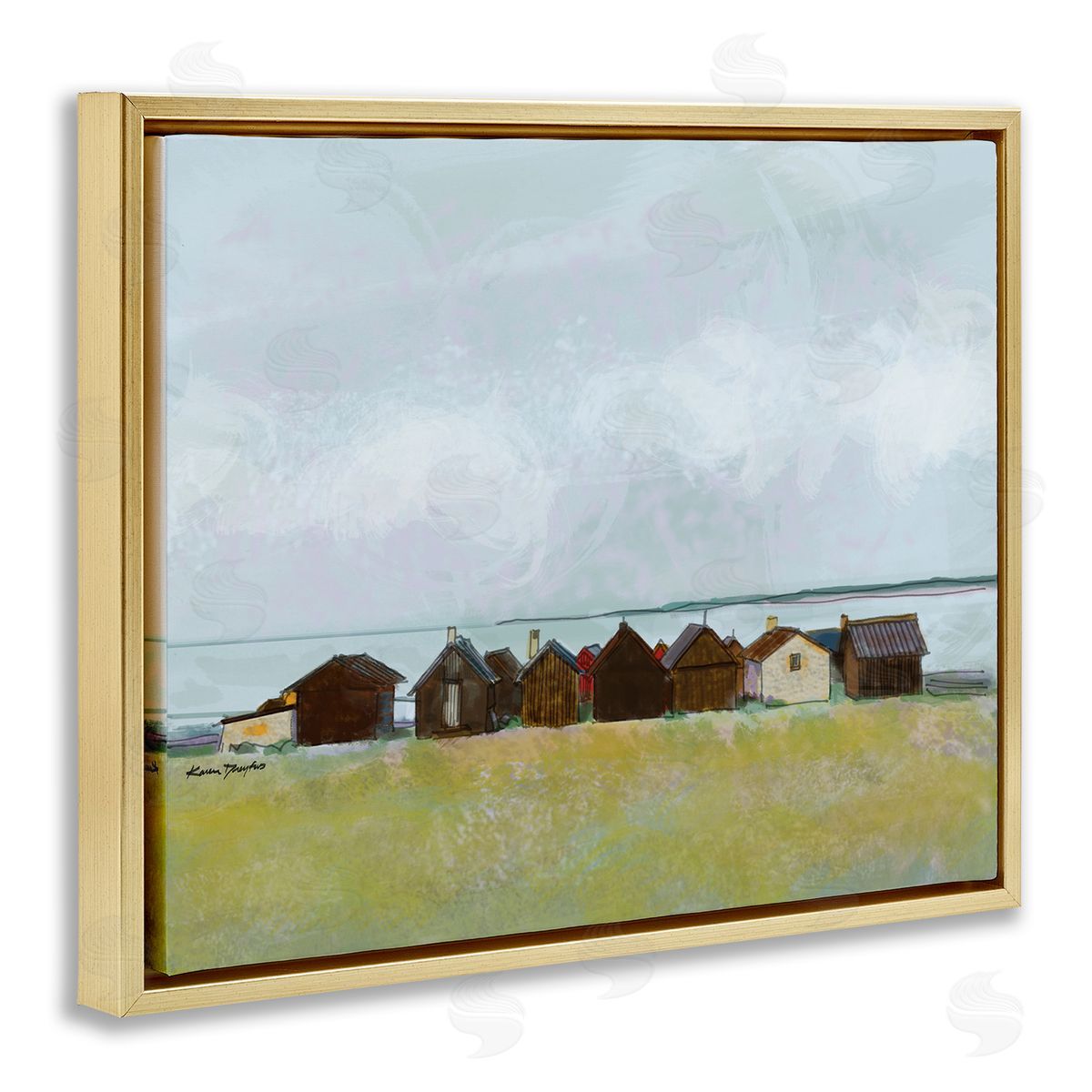 Lakeside Town Landscape Drawing Gold Floating Frame Canvas Wall Art, Home Decor by Karen Dreyfus