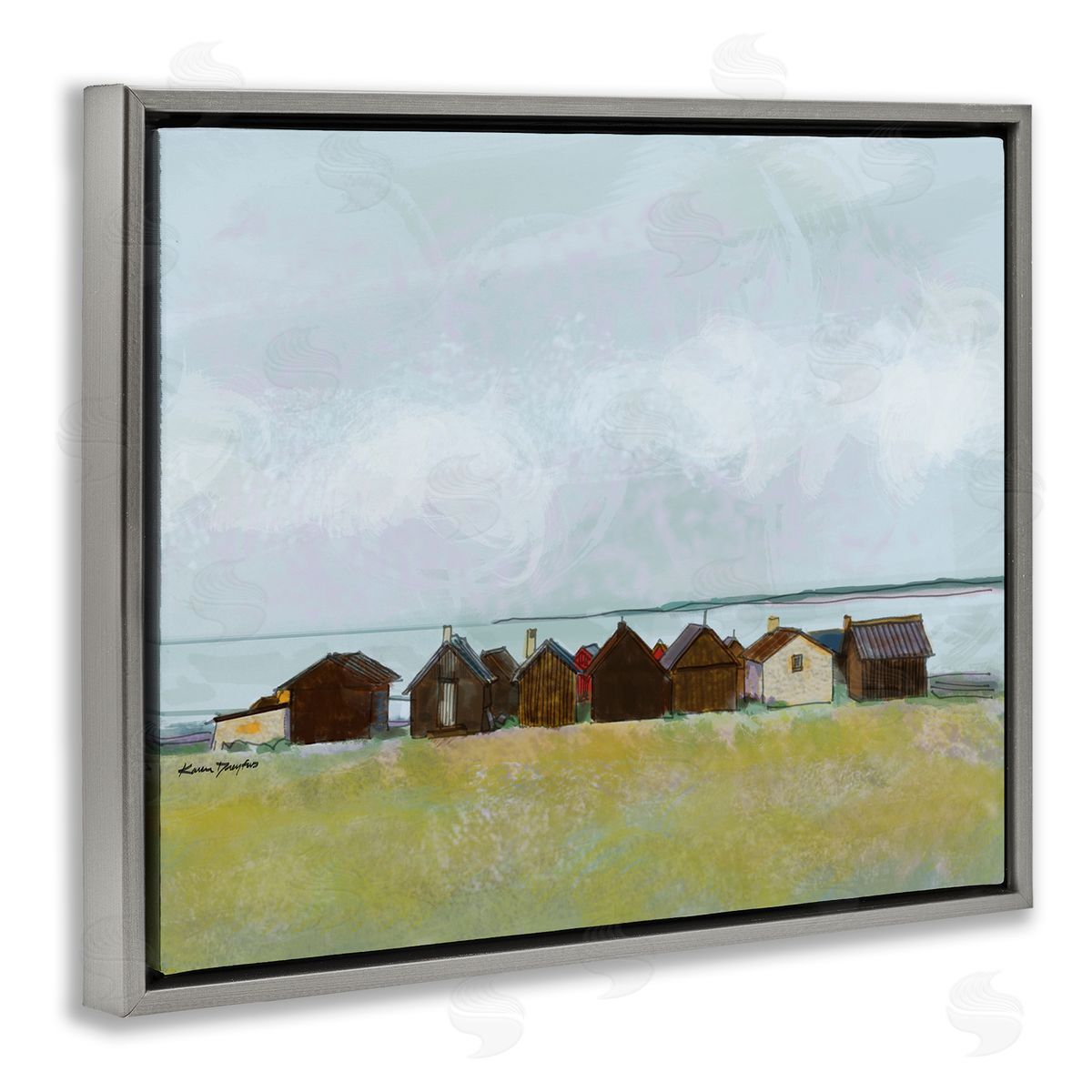 Lakeside Town Landscape Drawing Grey Floating Frame Canvas Wall Art, Home Decor by Karen Dreyfus