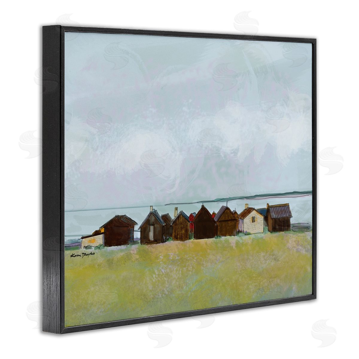 Lakeside Town Landscape Drawing Black Frame Print Wall Art, Home Decor by Karen Dreyfus