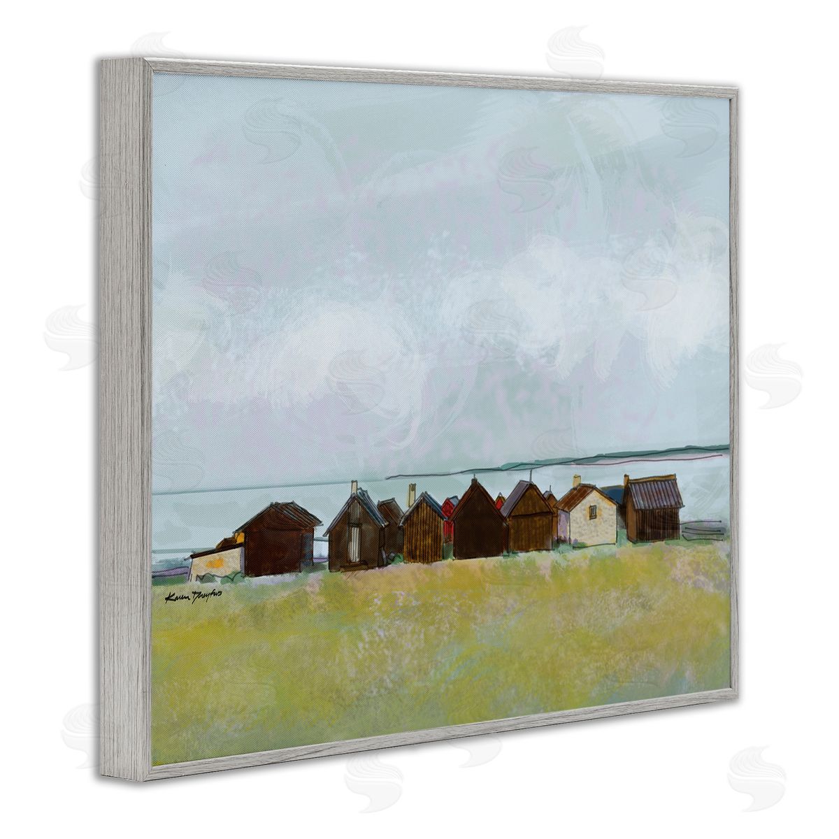 Lakeside Town Landscape Drawing Grey Frame Print Wall Art, Home Decor by Karen Dreyfus