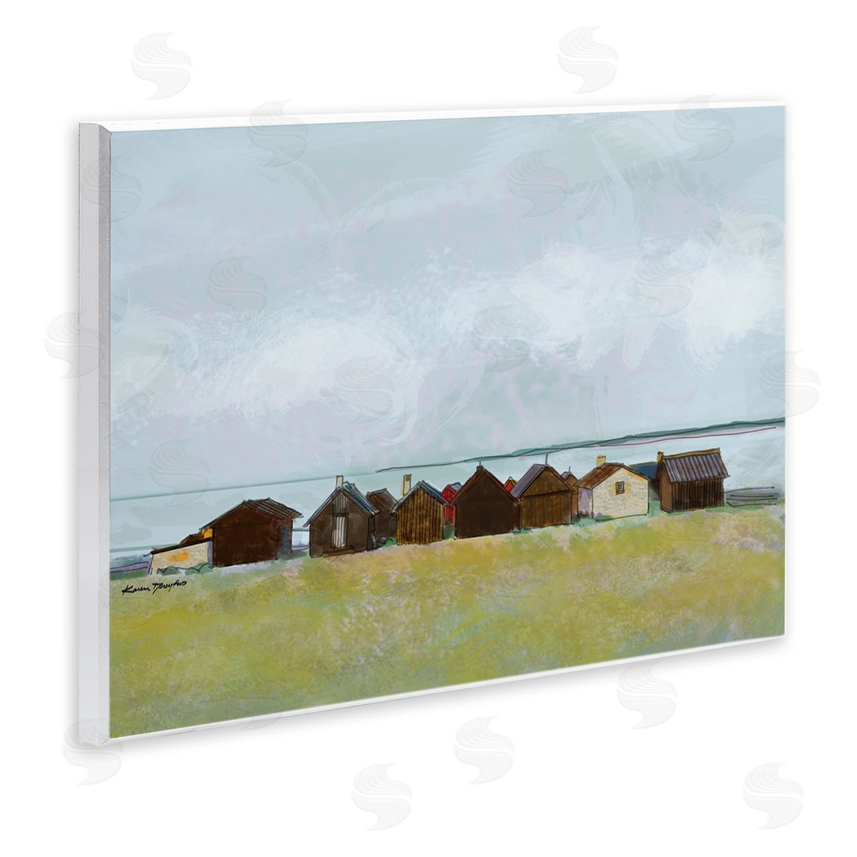 Lakeside Town Landscape Drawing Wood Plaque Wall Art, Home Decor by Karen Dreyfus