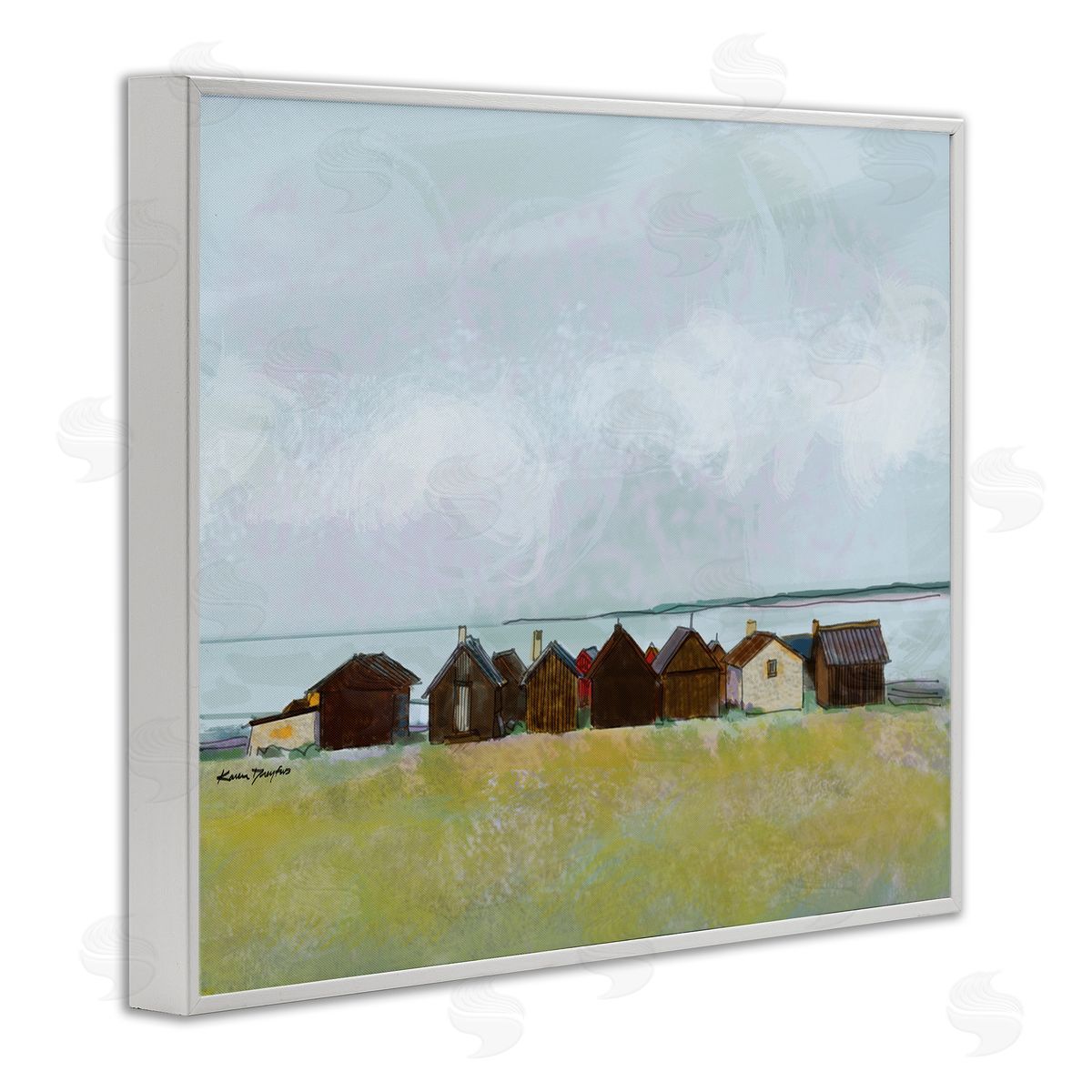 Lakeside Town Landscape Drawing White Frame Print Wall Art, Home Decor by Karen Dreyfus