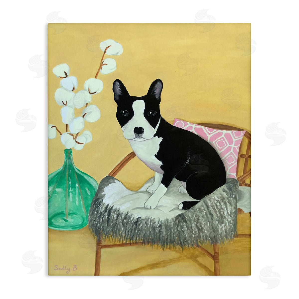 Dog On Chair Yellow Green Canvas Wall Art, Home Decor by Sally B