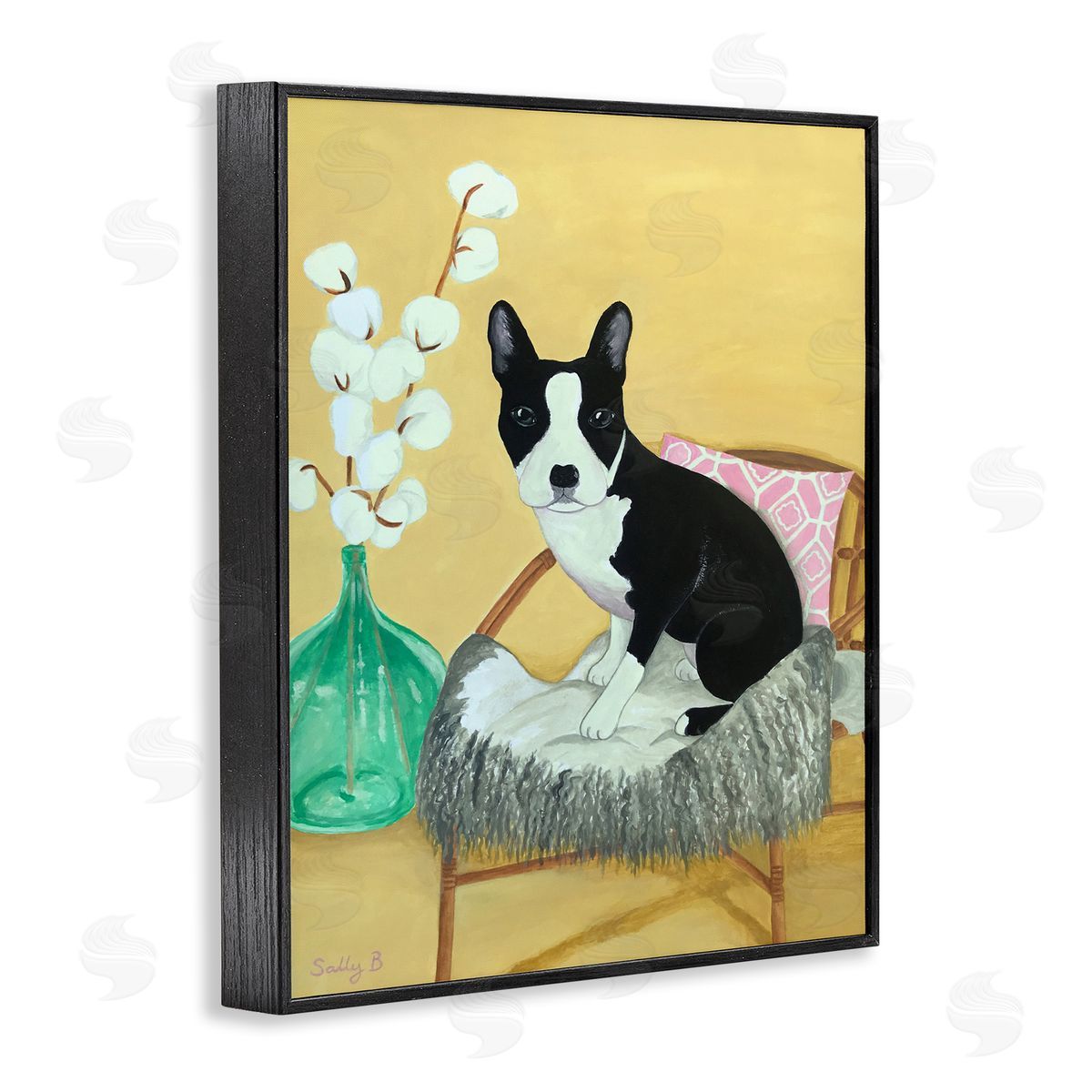 Dog On Chair Yellow Green Black Frame Print Wall Art, Home Decor by Sally B