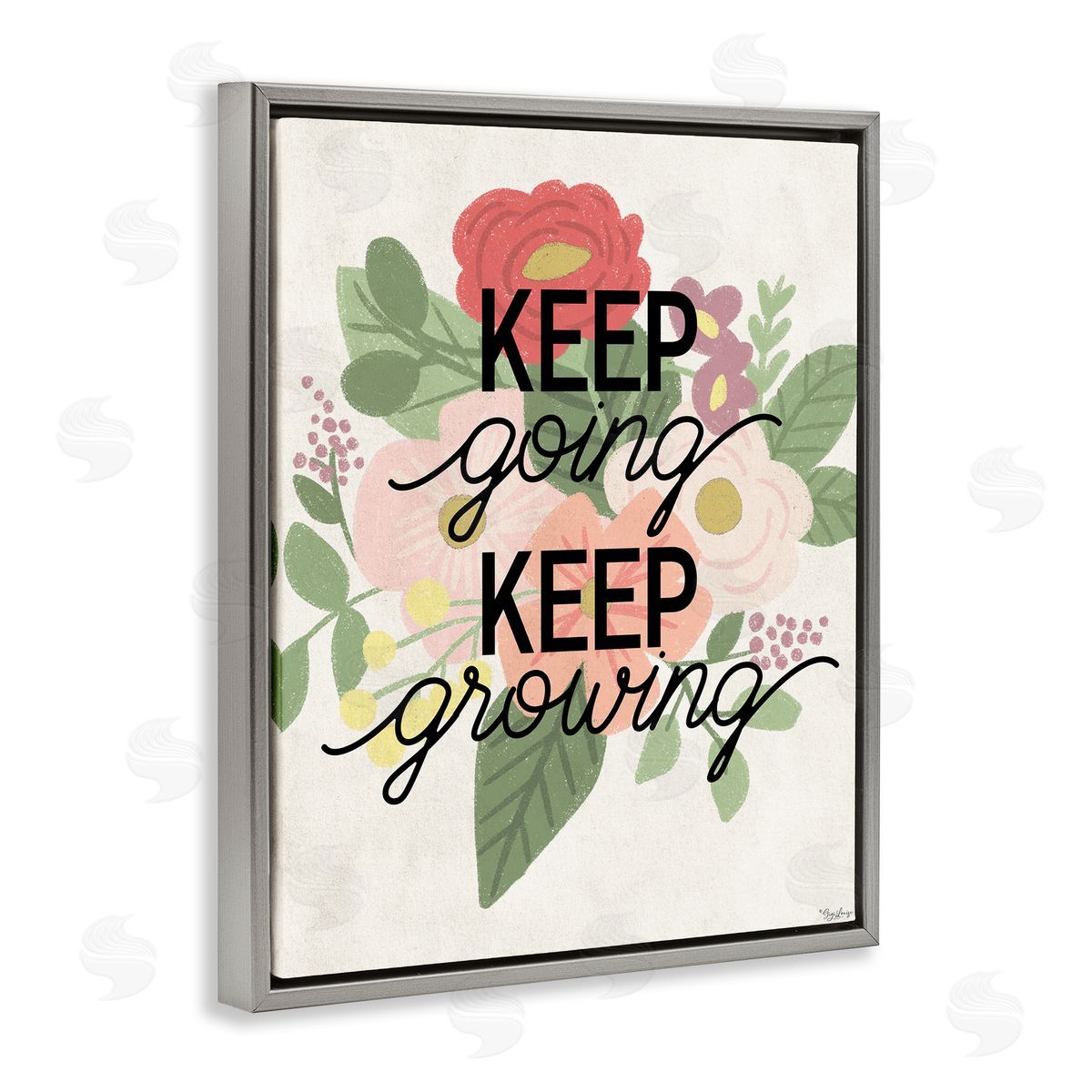 Keep Growing Flower Drawing Grey Floating Frame Canvas Wall Art, Home Decor by Gigi Louise