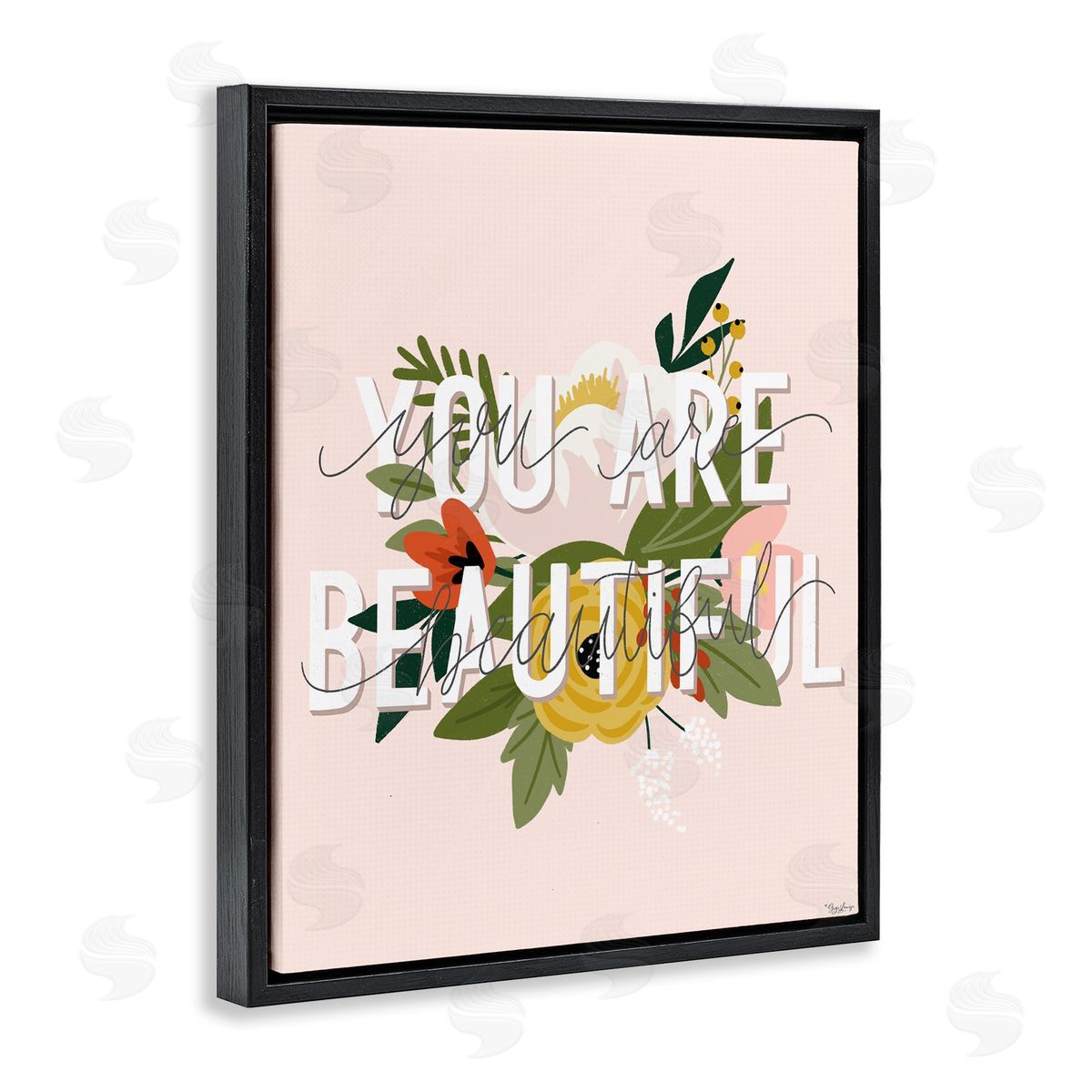 You Are Beautiful Pink Flower Black Floating Frame Canvas Wall Art, Home Decor by Gigi Louise