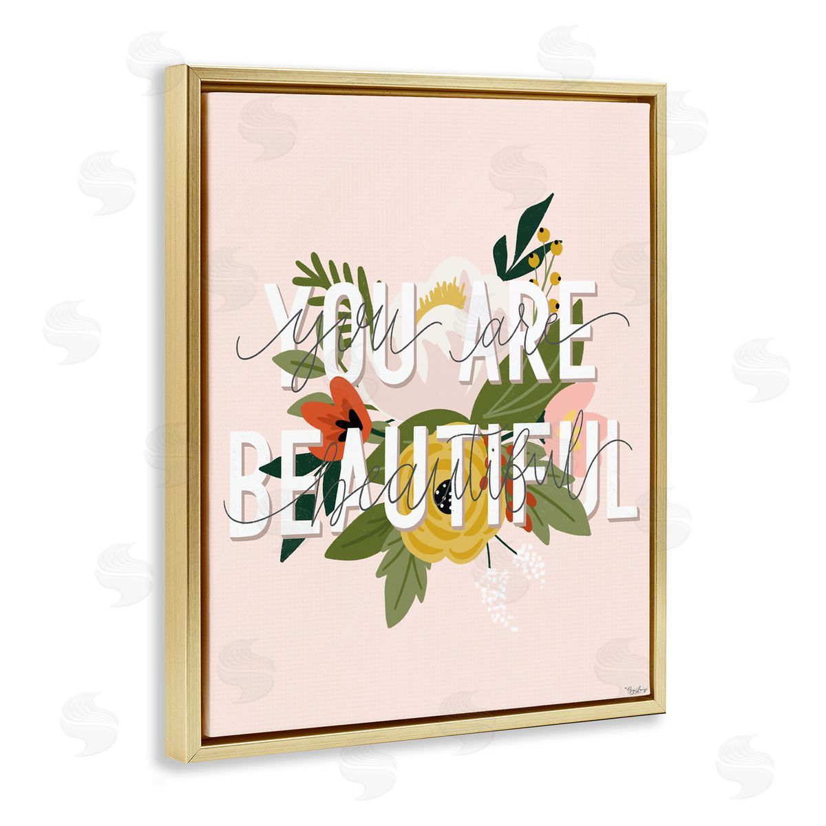 You Are Beautiful Pink Flower Gold Floating Frame Canvas Wall Art, Home Decor by Gigi Louise