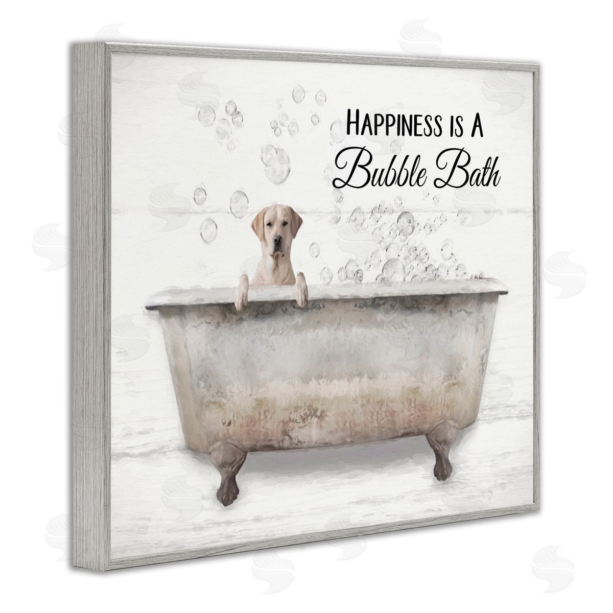 Happiness Is A Bubble Bath Dog Grey Frame Print Wall Art, Home Decor by Lori Deiter