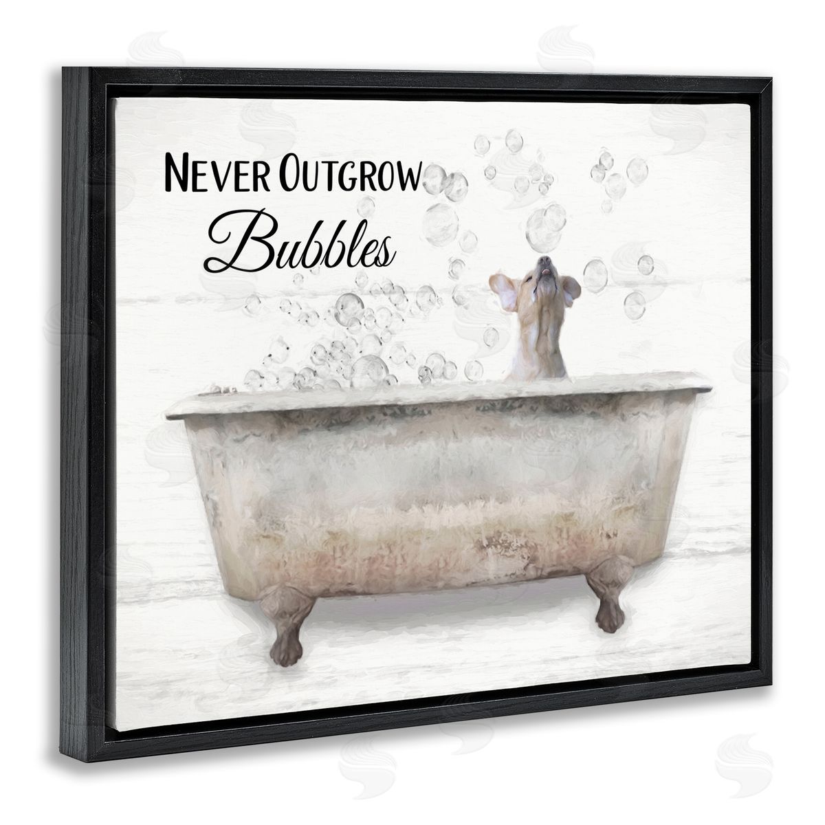 Never Outgrow Bubbles Dog Tub Black Floating Frame Canvas Wall Art, Home Decor by Lori Deiter