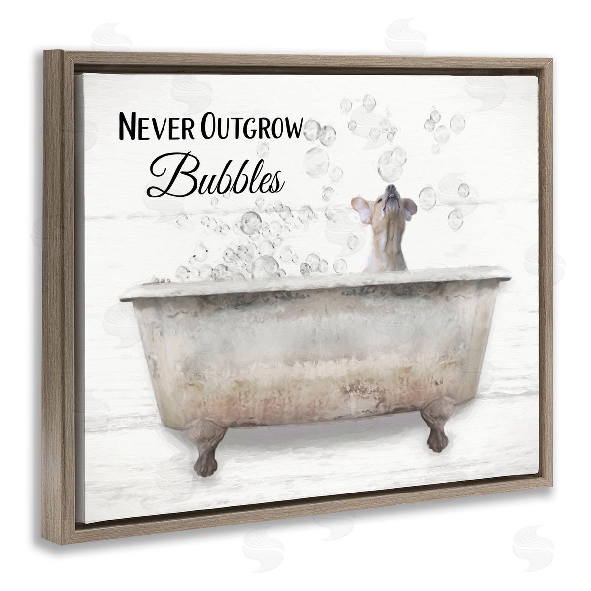 Never Outgrow Bubbles Dog Tub Brown Floating Frame Canvas Wall Art, Home Decor by Lori Deiter