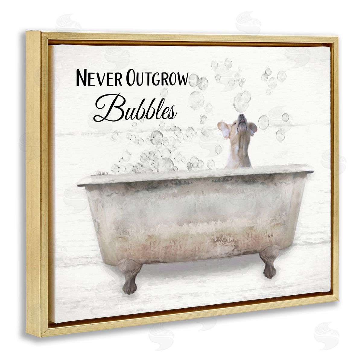Never Outgrow Bubbles Dog Tub Gold Floating Frame Canvas Wall Art, Home Decor by Lori Deiter