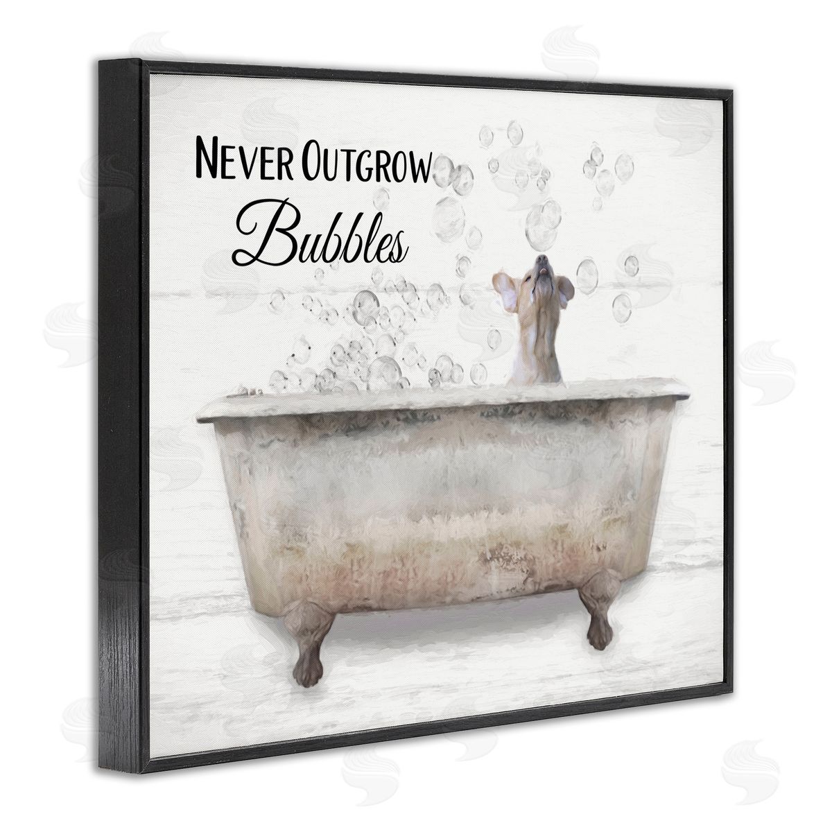 Never Outgrow Bubbles Dog Tub Black Frame Print Wall Art, Home Decor by Lori Deiter