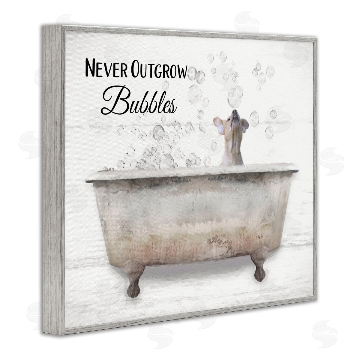 Never Outgrow Bubbles Dog Tub Grey Frame Print Wall Art, Home Decor by Lori Deiter