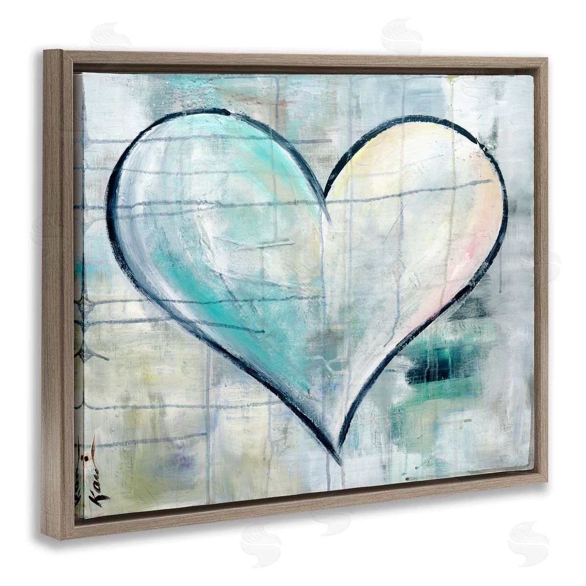 Graffiti Blue Heart Brown Floating Frame Canvas Wall Art, Home Decor by Kami Lerner