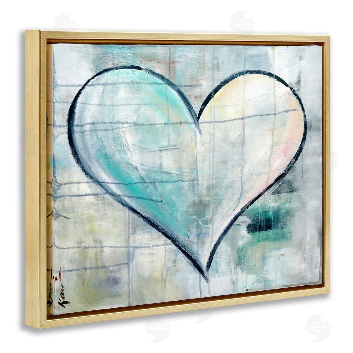 Graffiti Blue Heart Gold Floating Frame Canvas Wall Art, Home Decor by Kami Lerner