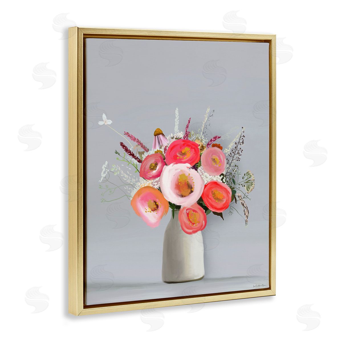 Flower Vase Pink Grey Painting Gold Floating Frame Canvas Wall Art, Home Decor by Leah Straatsma
